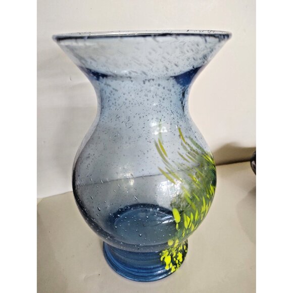 Murano Vintage Hand Blown Blue Forced Bubble Art Glass Vase Green/Yellow - Picture 5 of 14
